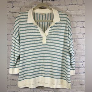 Poetry Dusty Blue White Linen Knit Striped Pullover Collared Preppy Sweater 10